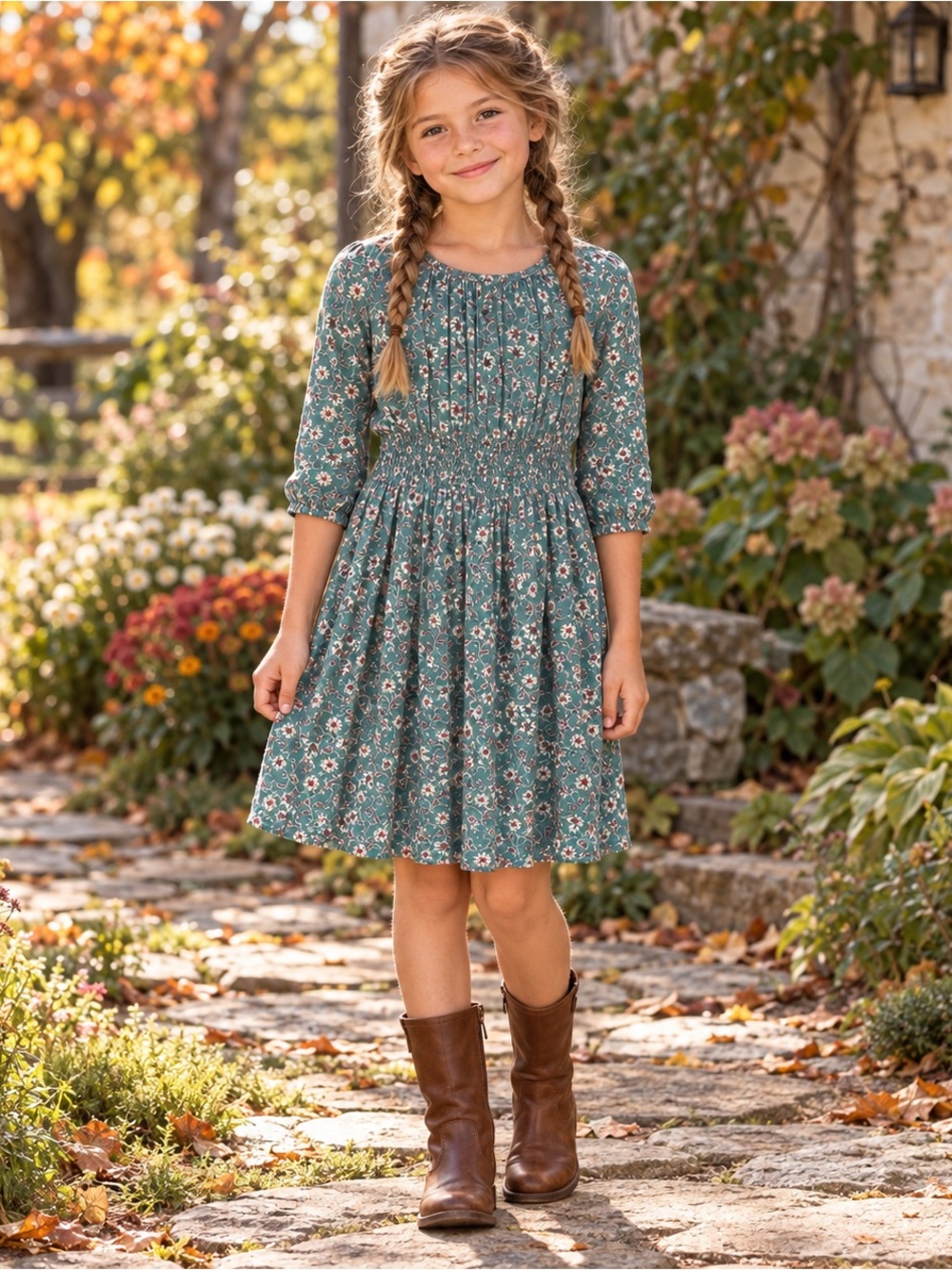 OshKosh B’gosh Girls 10 Teal Floral Dress Smocked Waist Cottagecore Peasant